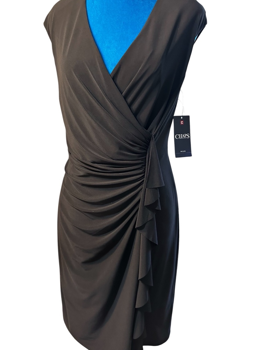 NWT Chaps Petite Black Ruched Ruffle Midi Dress